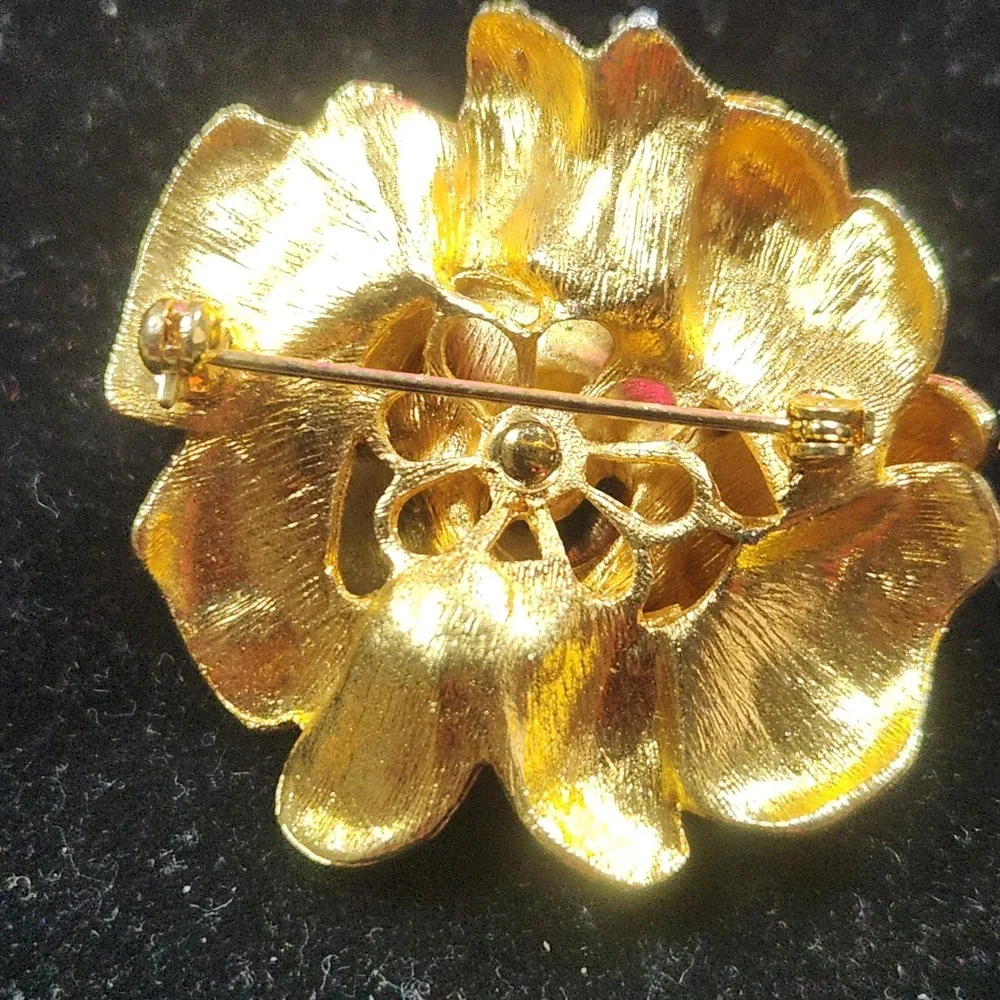 Vintage Gold Tone Textured Rose Brooch Rhinestone Floral Pin 1.75 Inch
